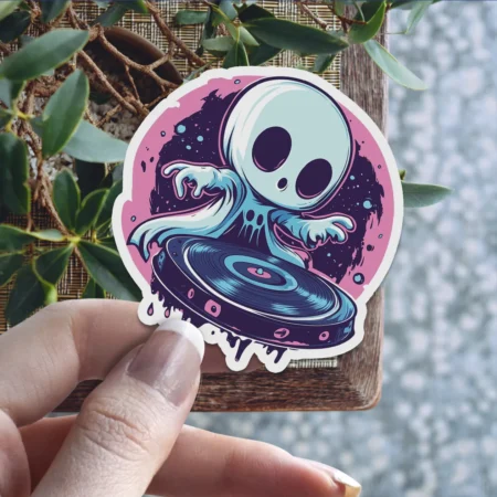 Vibrant DJ Ghost Music Vinyl Sticker – scratch and UV resistant waterproof decal for water bottle, journal & more