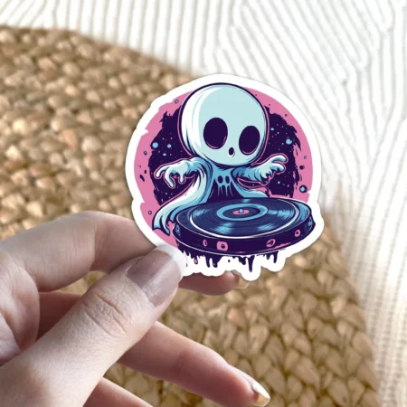 Vibrant DJ Ghost Music Vinyl Sticker – scratch and UV resistant waterproof decal for water bottle, journal & more