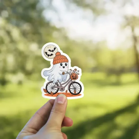 Ghost Bike Riding Halloween Vinyl Sticker