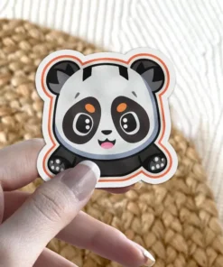 This waterproof vinyl sticker features a cute, cartoon panda with big eyes and a happy smile, perfect as a laptop decal.