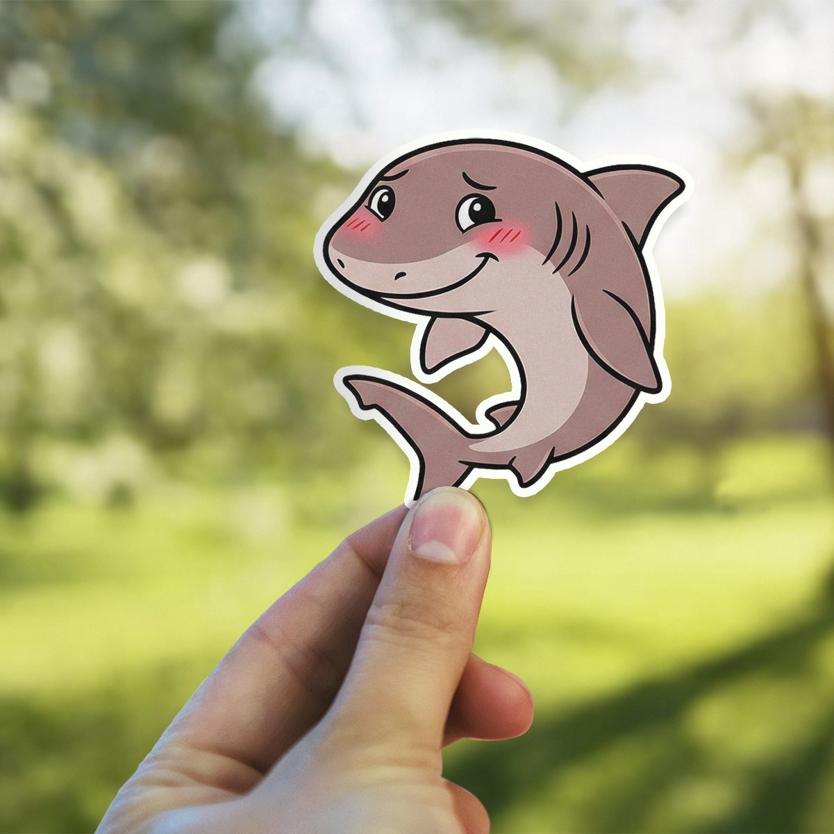 Blushing cartoon shark sticker, scratch-resistant satin finish sticker.