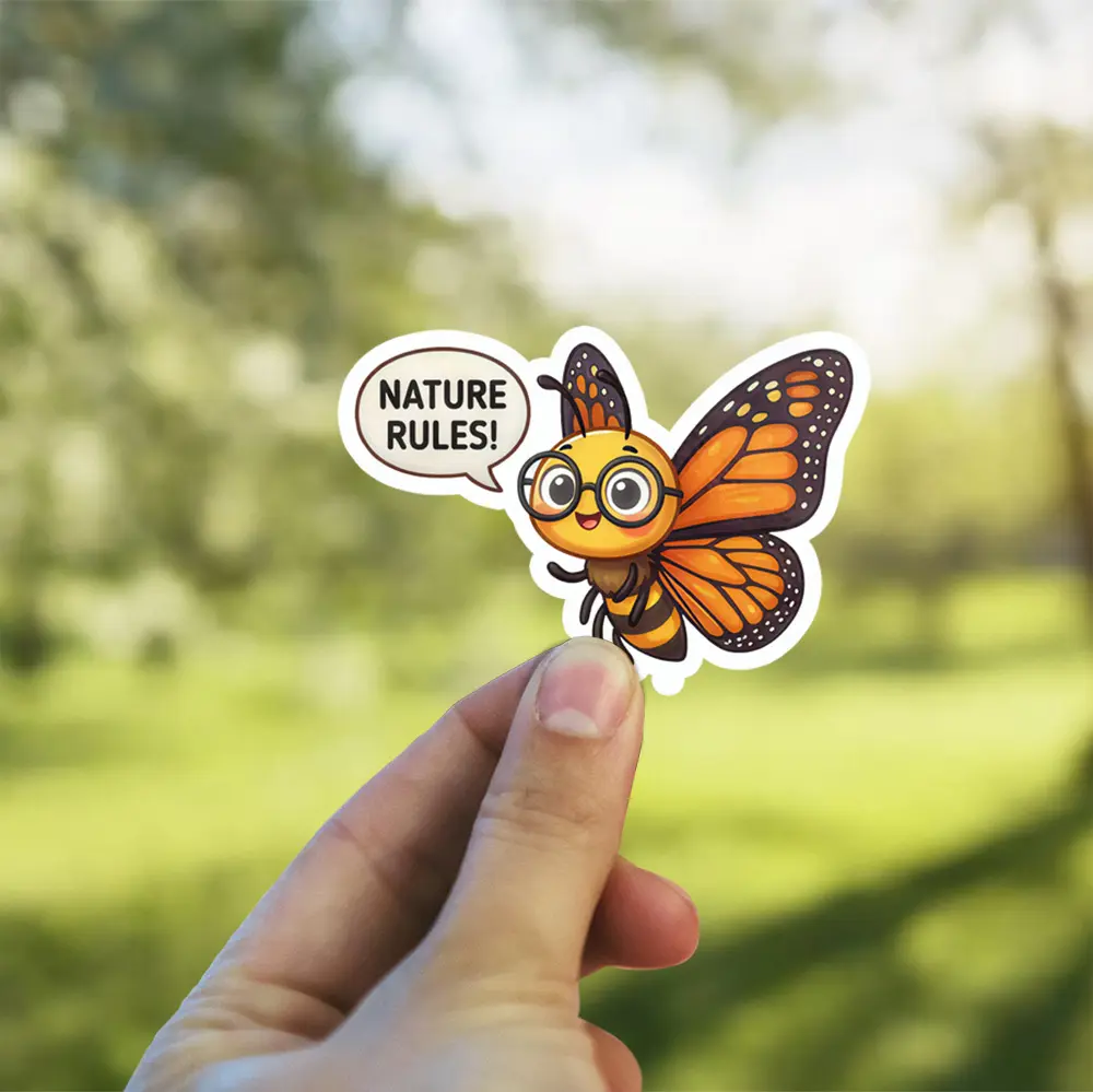 A cheerful cartoon bee with monarch butterfly wings and glasses, exclaiming "Nature Rules!" as a vinyl sticker.