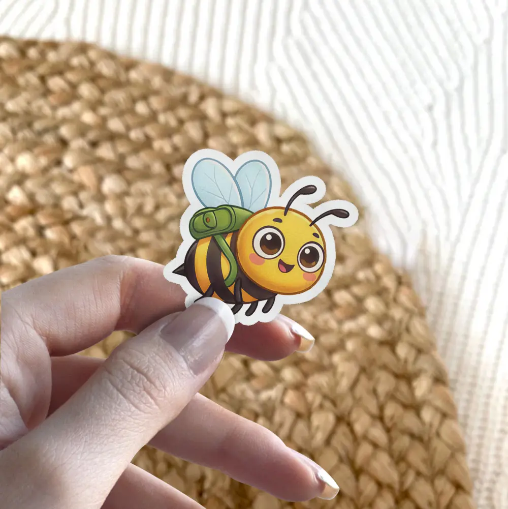 A cute cartoon bumble bee wearing a green backpack and smiling, with light blue wings, captured in a vinyl sticker.