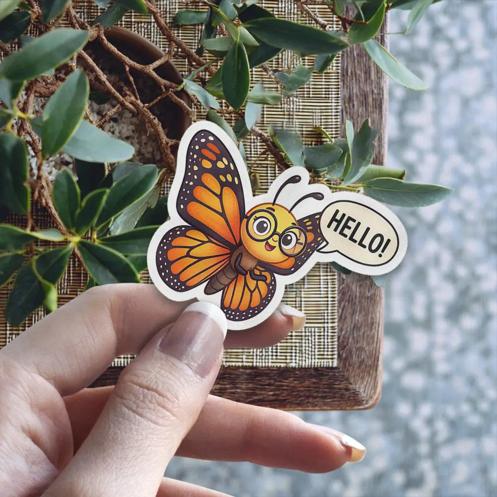 A cute cartoon monarch butterfly with glasses is holding a speech bubble that says "HELLO!".