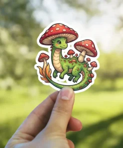 A cute green dragon adorned with red and white spotted mushrooms grows from its back and head, featuring a fantasy creature design.