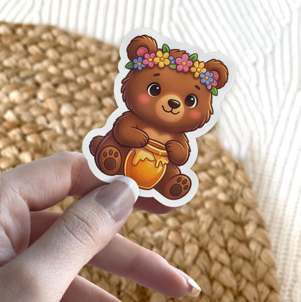 Cute Bear With Honey Pot And Flower Crown Vinyl Sticker - Image 2