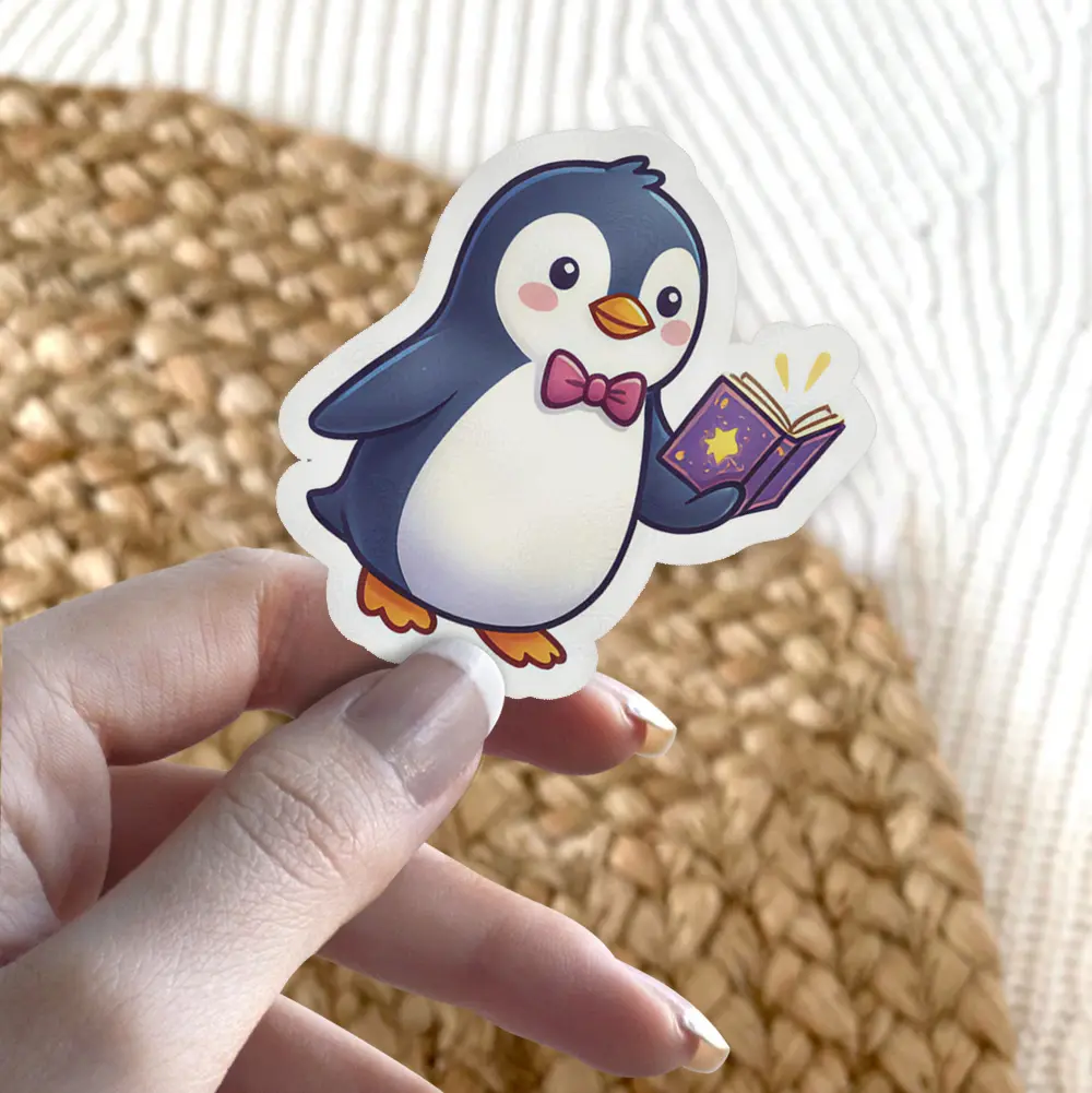 A cartoon sticker depicting a friendly penguin wearing a pink bow tie and holding an open magical purple book with a glowing yellow star.