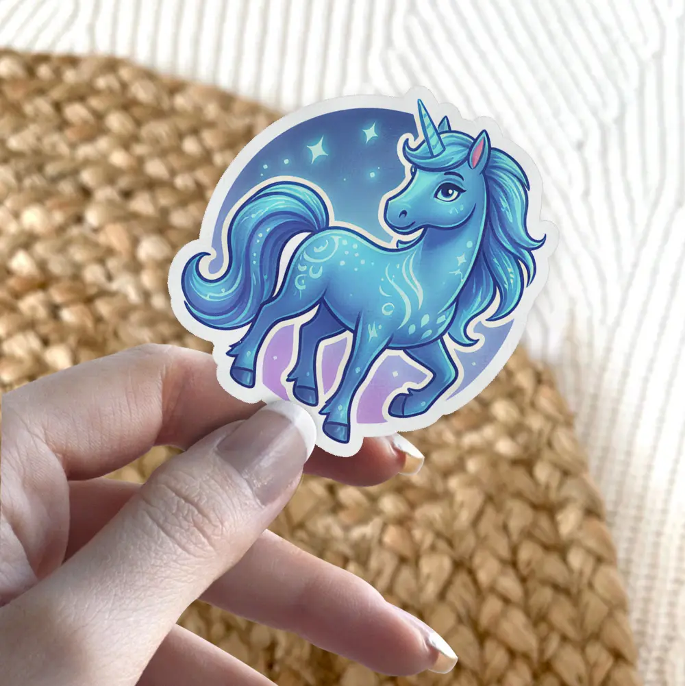 A blue unicorn with swirling patterns and a starry background, rendered as a sticker.