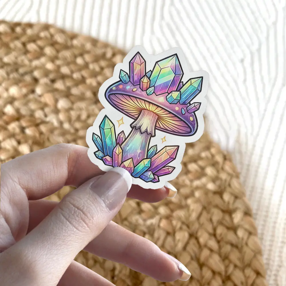 A vibrant sticker featuring a magical mushroom adorned with colorful, sparkling crystals, with stars around it.