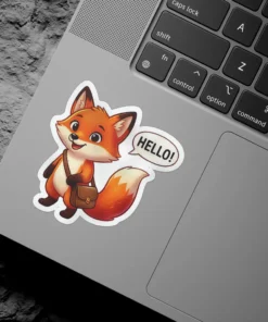 A charming cartoon fox with a satchel and a speech bubble saying 'HELLO!' is depicted in this sticker design.