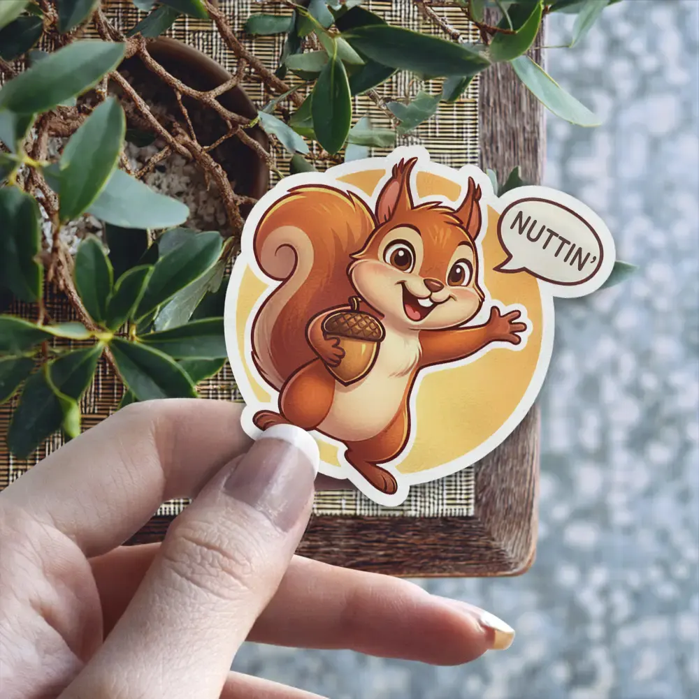 A cute cartoon squirrel with a bushy tail holds an acorn and says "Nutting" in a speech bubble.