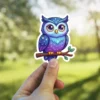 A cute, round owl with starry, cosmic-themed feathers in shades of blue and purple sits perched on a branch.