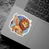 A cute, cartoon-style flying lion with golden wings and a fluffy mane, set against a starry blue background.