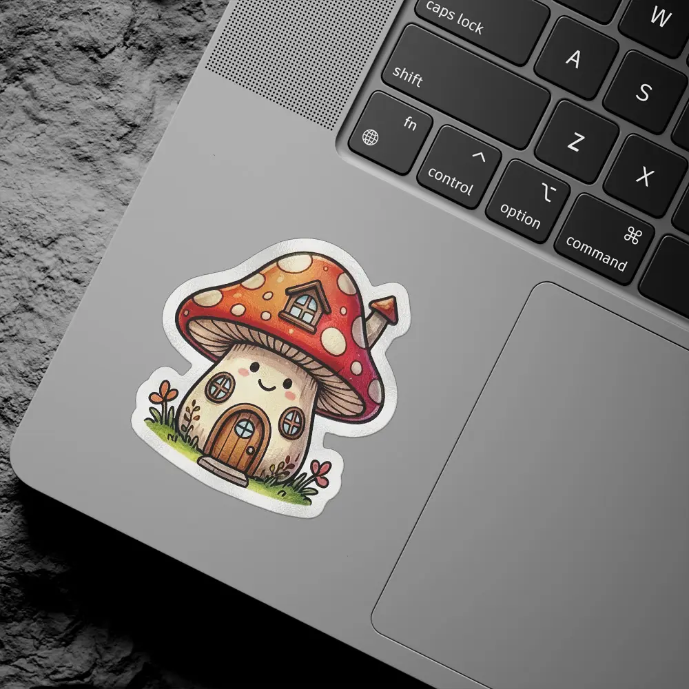 A kawaii mushroom house sticker with a smiling face, windows, and a wooden door sits on a laptop.