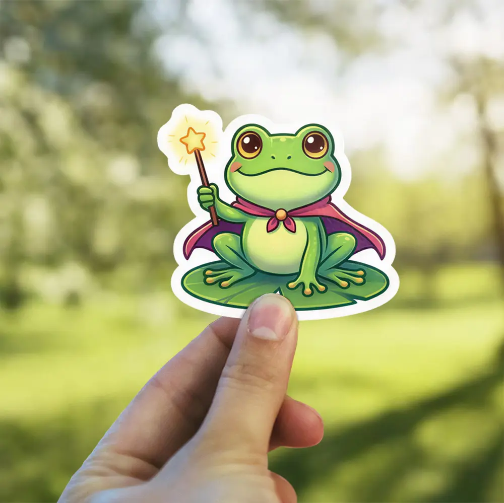 A cute, smiling green frog wearing a red cape and holding a star-tipped wand sits on a lily pad.