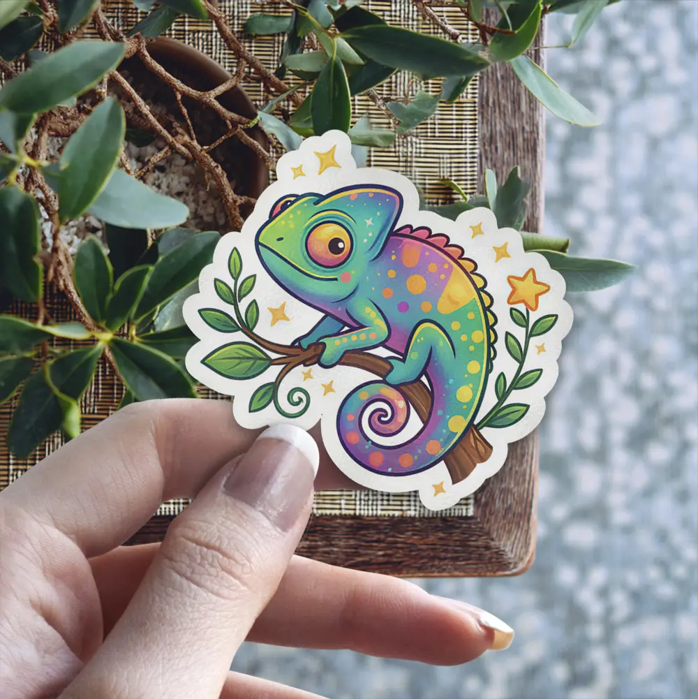 A vibrant, cartoon-style chameleon with rainbow spots and bright eyes, gripping a leafy branch, surrounded by tiny stars.