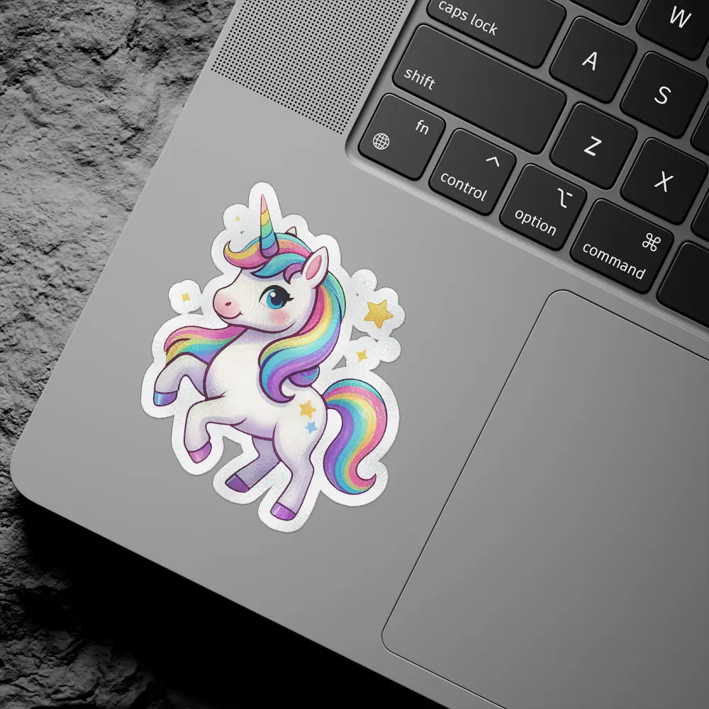 A whimsical unicorn with a rainbow mane and tail, prancing surrounded by sparkling stars.