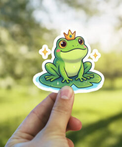 A charming cartoon frog wearing a golden crown sits regally on a vibrant green lily pad, surrounded by sparkling stars.