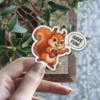 A kawaii cartoon squirrel holding an acorn, with a speech bubble saying