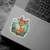 A whimsical sticker of a fawn with a speech bubble saying 'Talking' surrounded by flowers and a forest background.