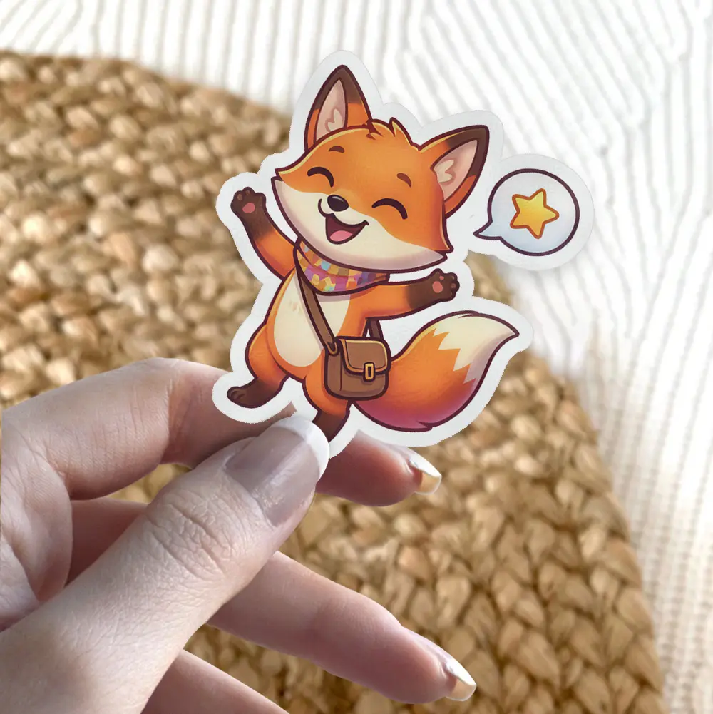 A cute, anthropomorphic fox character with a scarf and satchel leaps joyfully, with a speech bubble containing a star.