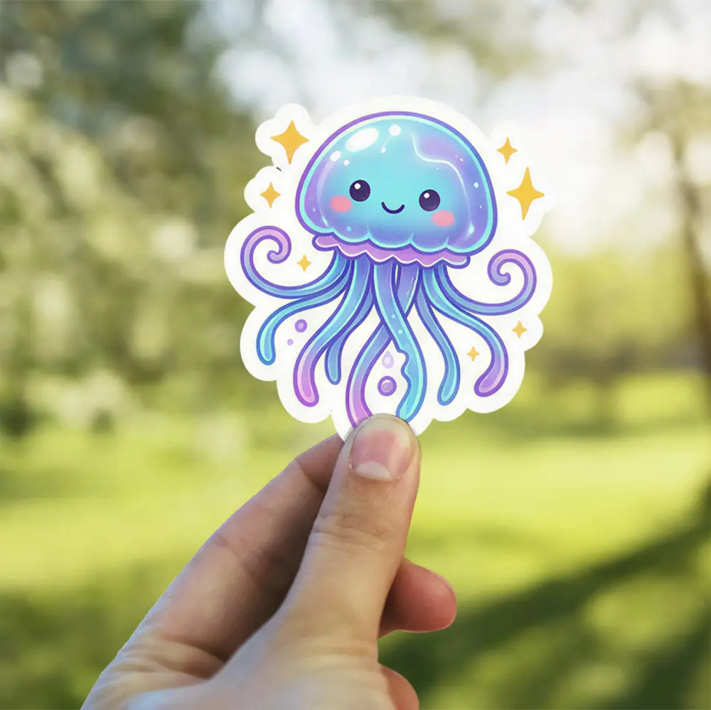A cute, kawaii-style jellyfish with a smiling face and swirling tentacles, surrounded by yellow stars, rendered as a sticker.
