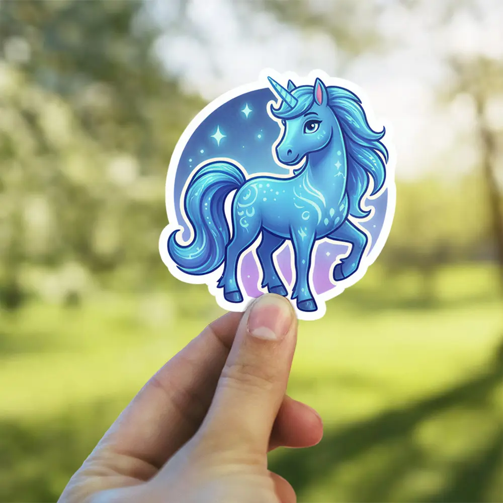 A whimsical blue unicorn with a flowing mane and tail adorned with starry patterns, set against a magical night sky.