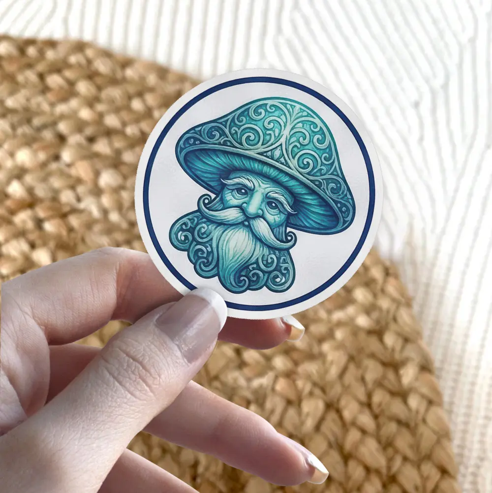 A circular sticker features an illustration of a wise, old mushroom-headed man with a long beard and mustache in shades of teal and blue.