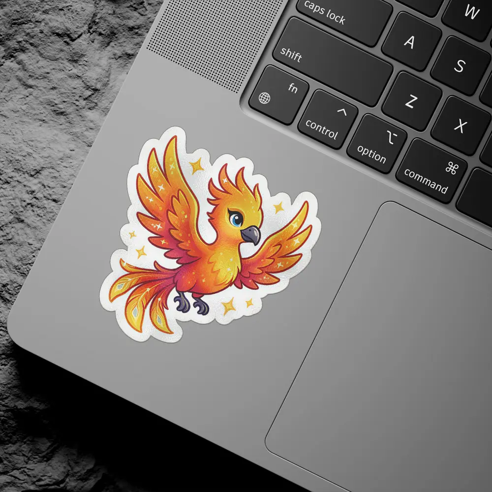 A charming, fiery orange and red phoenix bird sticker with a yellow gradient, bright blue eyes, and shimmering star accents.