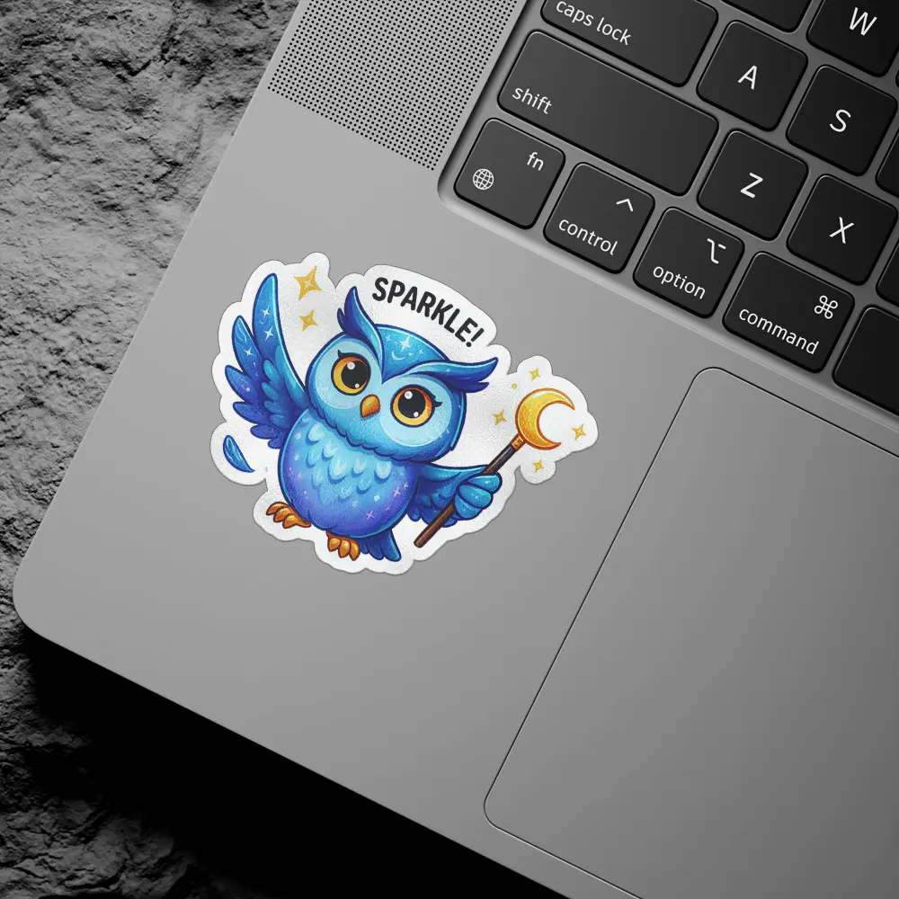 A cute blue owl with large eyes holds a crescent moon wand and the word "SPARKLE!" is above it.