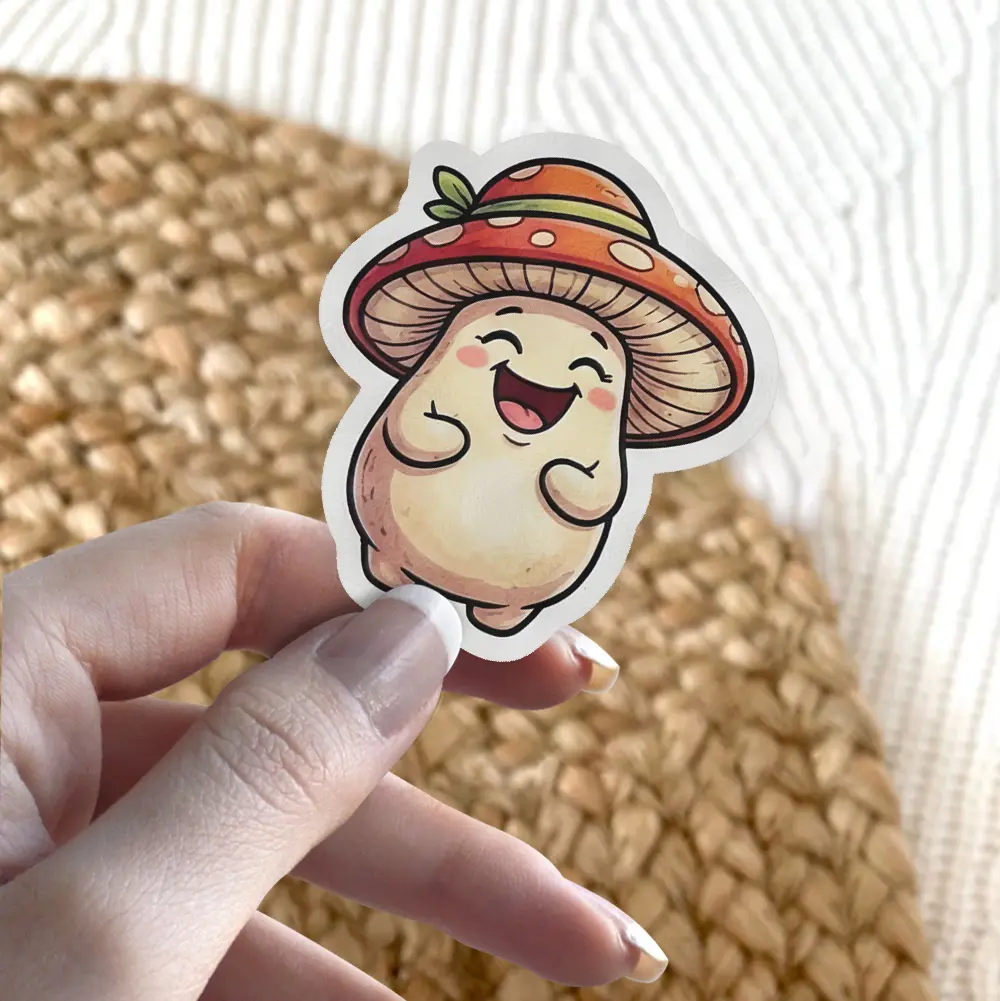 A cute, cheerful mushroom character sticker featuring a red and orange spotted cap with a green leaf, and a creamy white body with rosy cheeks, smiling broadly.