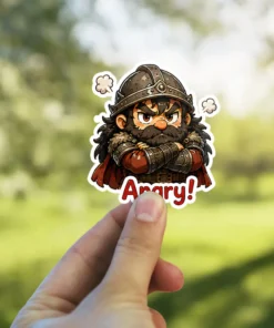 A chibi-style angry dwarf warrior with a beard, helmet, and crossed arms is shown above the word 'Angry!'.