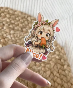 A cute anime bunny girl with a flower crown eats a carrot, with "Nice!" written next to her.