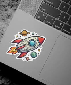 A cartoon rocket ship sticker with red fins and space-themed doodles on its body, flying past planets and stars.