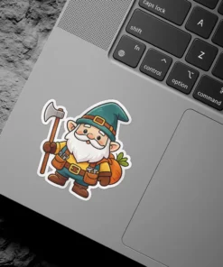 A friendly cartoon gnome with a white beard, a pointy green hat, and an axe is ready for a woodland adventure.