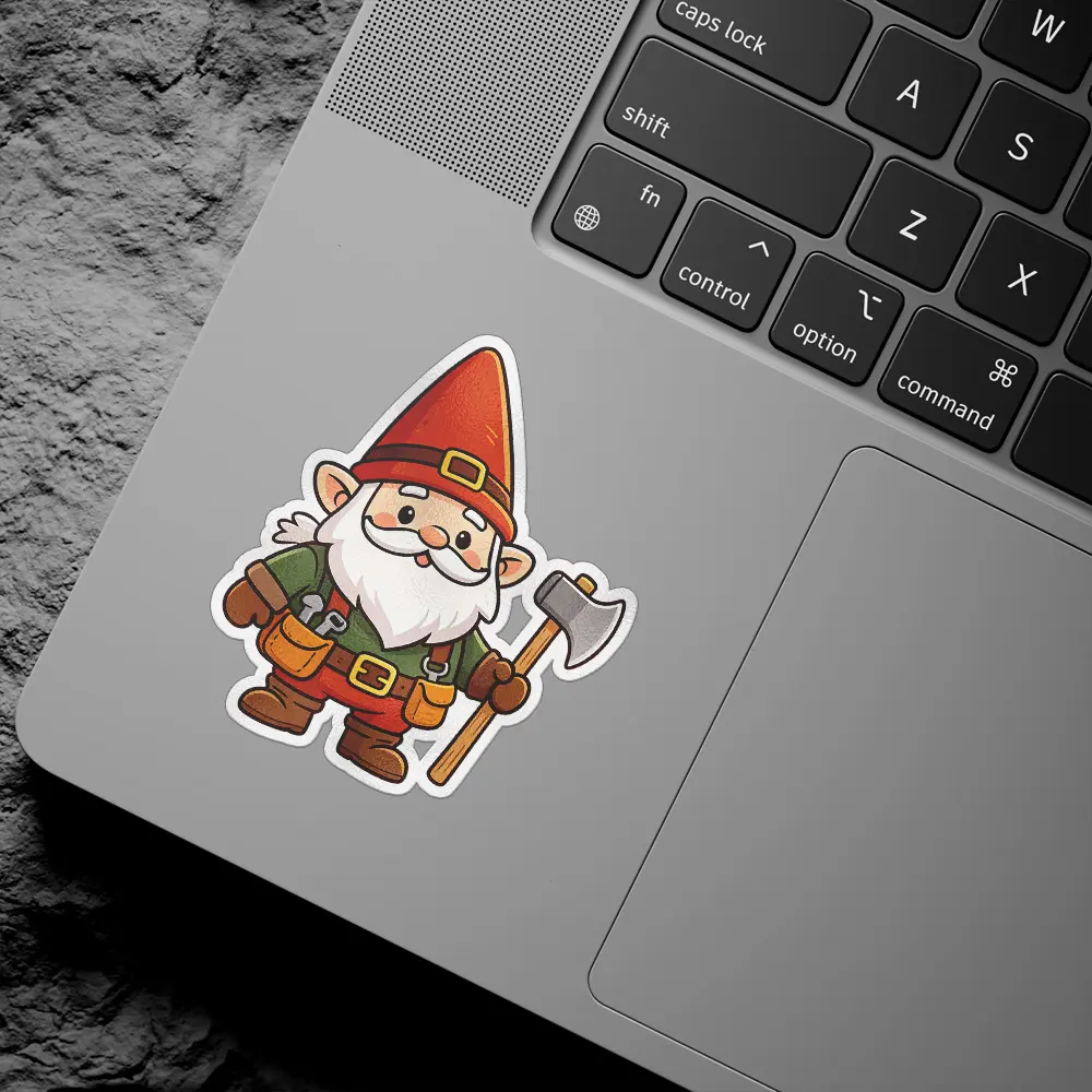 A cartoon gnome with a red hat, green tunic, and axe is depicted in a sticker.