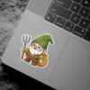 A charming cartoon illustration of a garden gnome wearing a green hat and holding a pitchfork, with a sack on his back.
