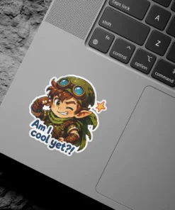 A whimsical chibi elf adventurer winks and poses with a confident expression, asking 'Am I cool yet?!' vinyl sticker.