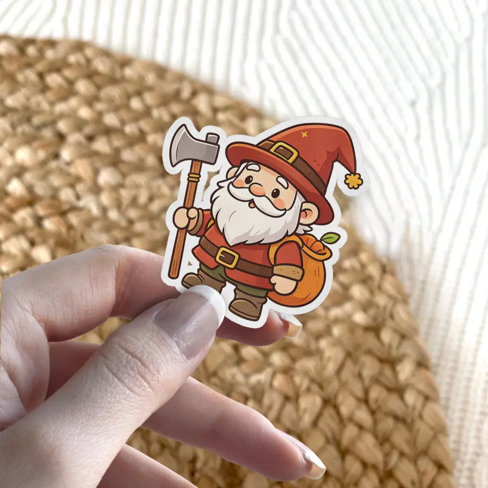 A cute cartoon gnome with a white beard and red hat holds a small axe and carries a large sack on his back.