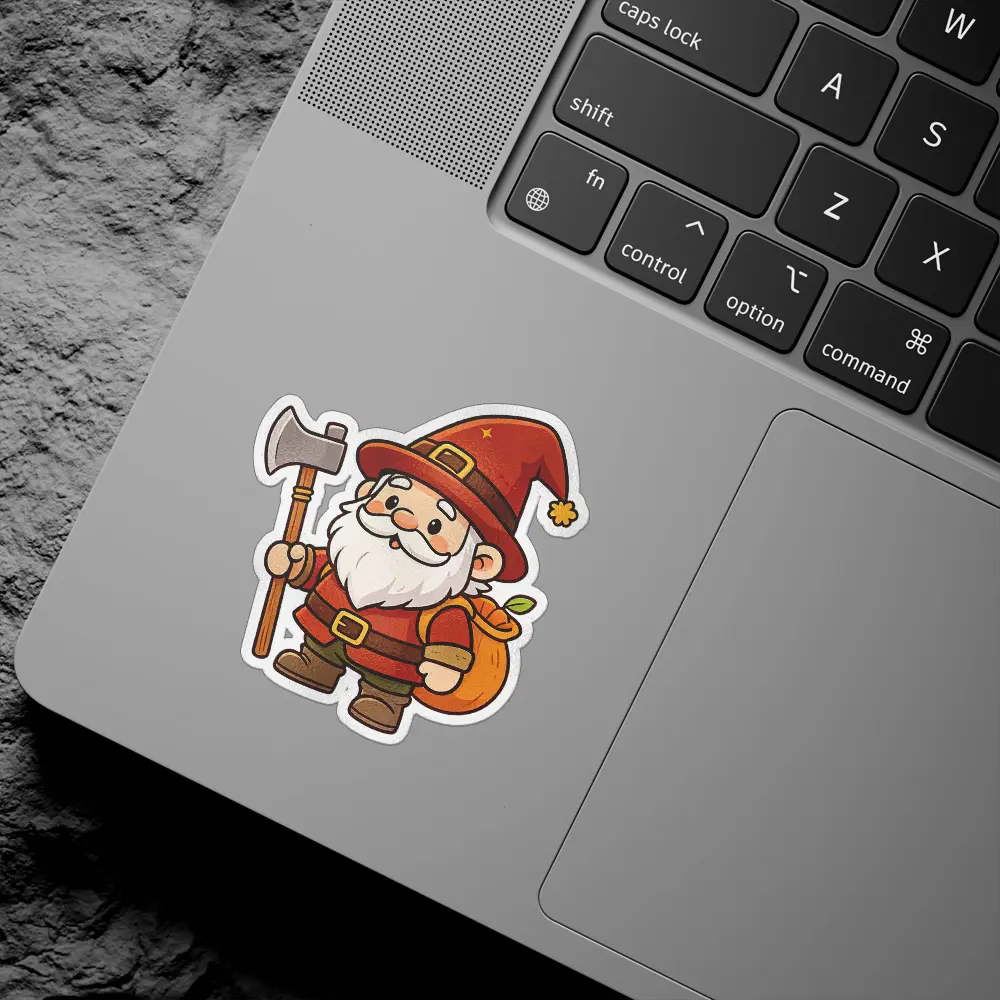 A whimsical chibi gnome dressed in a red hat and tunic, carrying an axe and a sack, rendered in a cute cartoon style.