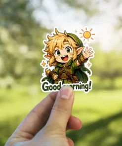 A cheerful chibi Link from Zelda waves 'good morning' under a sun, perfect for adding a touch of adventure to your belongings.
