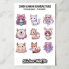 A sticker sheet featuring nine cute, colorful chibi kawaii characters including a girl with a pink bow, a pastel cat, a magical girl, a fuzzy monster, a small dragon, a girl in a bunny hoodie, a blob monster, a fox with tea, and another magical girl.