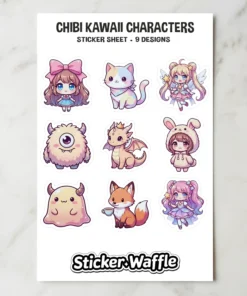 A sticker sheet featuring nine cute, colorful chibi kawaii characters including a girl with a pink bow, a pastel cat, a magical girl, a fuzzy monster, a small dragon, a girl in a bunny hoodie, a blob monster, a fox with tea, and another magical girl.