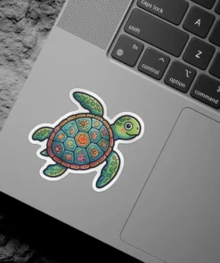 A cute, smiling sea turtle sticker with a colorful mosaic shell featuring flowers and unique patterns.