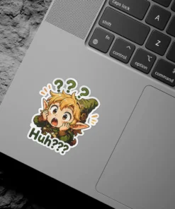 A cute cartoon sticker shows a confused blonde elf-like character in a green tunic with open mouth, hands near face, and 'Huh???' text.