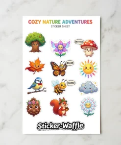 A sheet of 12 adorable nature-themed stickers including a smiling tree, flower, mushroom, leaf, butterfly, sun, bird, bee, cloud, pinecone, squirrel, and daisy.