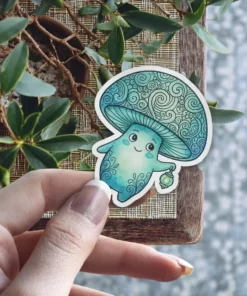 A charming aqua and teal mushroom character sticker with a smiling face, intricate swirling patterns on its cap and body, holding a small glowing lantern.