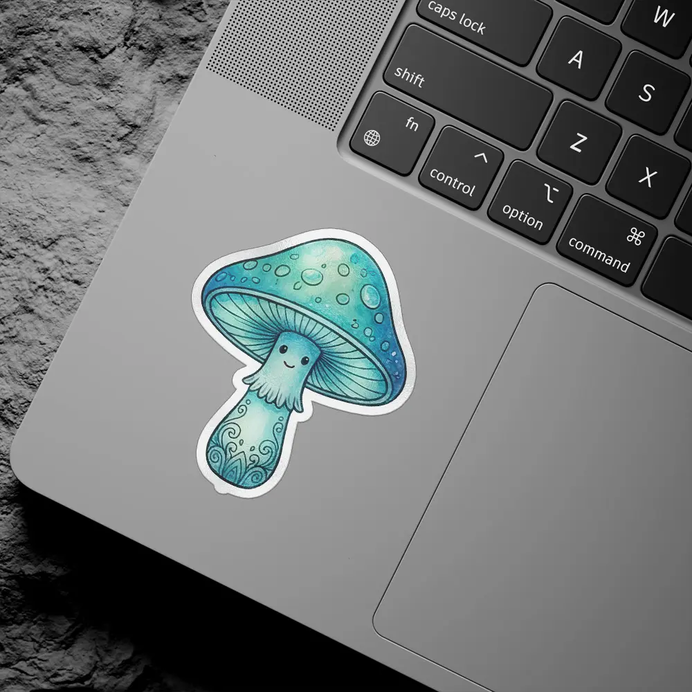A charming blue mushroom with a friendly face and intricate stem designs, rendered in a watercolor style.
