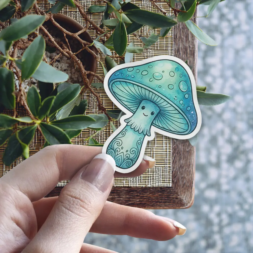 A charming, anthropomorphic blue mushroom with a smiling face and intricate patterns on its stem, depicted as a vinyl sticker.