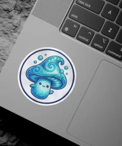 A kawaii blue mushroom with swirling patterns on its cap and stem, featuring a cute face and small bubbles. The sticker has a white background and a blue border.